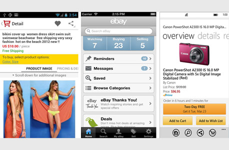 מימין: אמזון לווינדוס פון, איביי ל-iOS ועלי אקספרס לאנדרואיד
