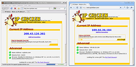 גלישה אנונימית - בצד שמאל, עם הדפדפן של Tor, ובצד ימין, עם דפדפן אחר. כל דפדפן מראה לאינטרנט כתובת IP אחרת 