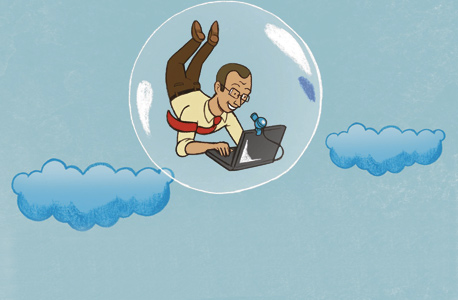 A caricature of a tech worker in a bubble. Illustration: Racheli Shalev A caricature of a tech worker in a bubble. Illustration: Racheli Shalev