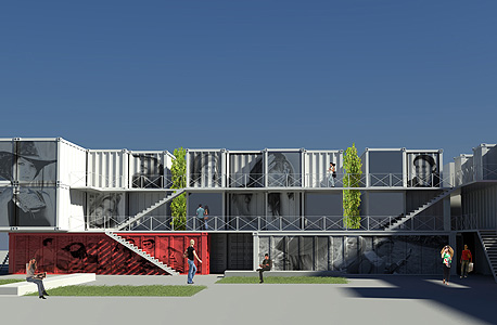 הדמיה של מעונות סטודנטים במכולות - כפר איילים, לוד, צילום: box-es אדריכלים