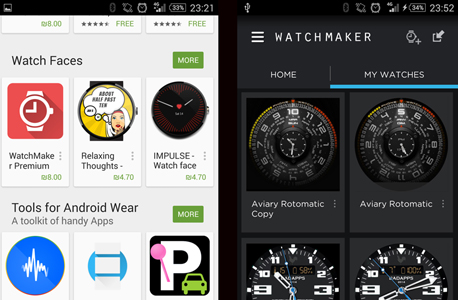 מימין: אפליקציית Watchmaker, גרסאות בתשלום של אפליקציות בחנות 