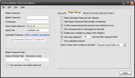 חלון ההגדרות של PasswordMaker חלון ההגדרות של PasswordMaker