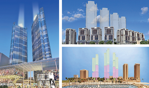 הדמיות של המגדלים שמתכנן ישר כיום. מלמעלה ובכיוון השעון: השוק הסיטונאי ברחוב החשמונאים, כיכר אתרים ומתחם סומייל באזור אבן גבירול הדמיות של המגדלים שמתכנן ישר כיום. מלמעלה ובכיוון השעון: השוק הסיטונאי ברחוב החשמונאים, כיכר אתרים ומתחם סומייל באזור אבן גבירול