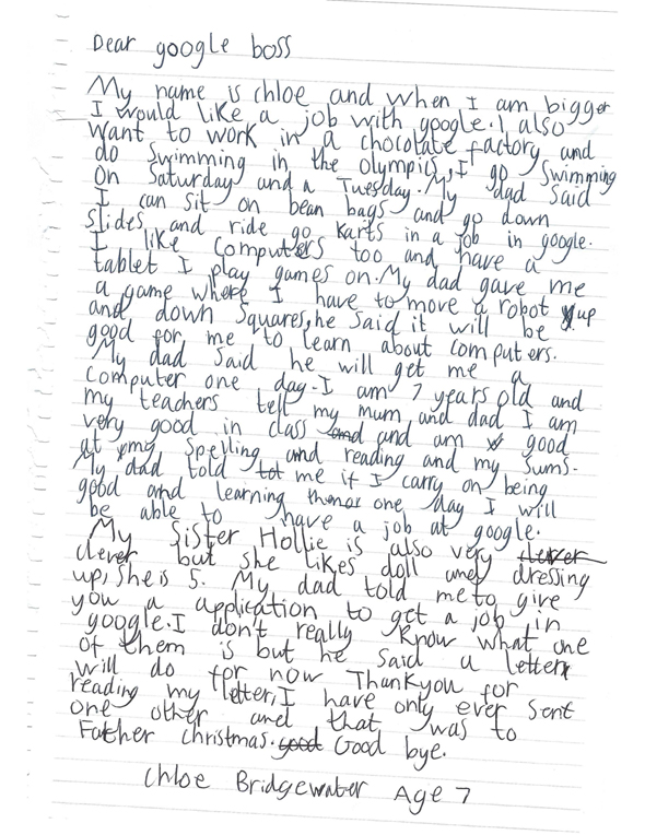 המכתב של קלואי למנכ"ל גוגל. רוצה להיות גם שחיינית אולימפית