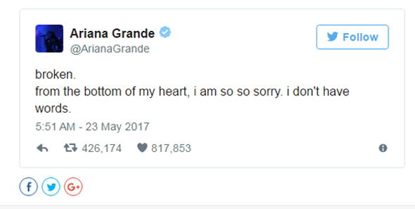 ציוץ הטוויטר של אריאנה גרנדה לאחר הפיגוע