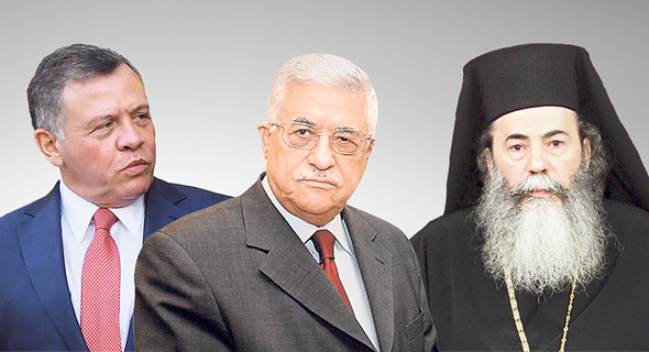 מימין: הפטריארך תיאופילוס השלישי, מלך ירדן עבדאללה ויו"ר הרשות הפלסטינית אבו מאזן. טרם הביעו עמדתם בפומבי מימין: הפטריארך תיאופילוס השלישי, מלך ירדן עבדאללה ויו"ר הרשות הפלסטינית אבו מאזן. טרם הביעו עמדתם בפומבי