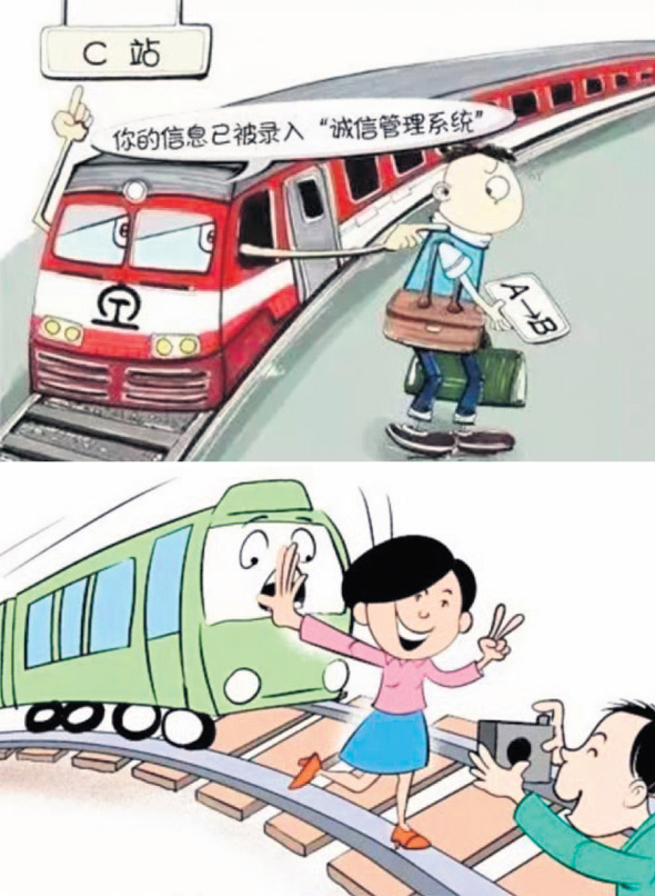 קומיקס שהרכבת הסינית מפיצה ברשת. סדרה של איורים מבהירה שהפרת הכללים מכניסה את האדם למעין רשימת מעקב מיוחדת קומיקס שהרכבת הסינית מפיצה ברשת. סדרה של איורים מבהירה שהפרת הכללים מכניסה את האדם למעין רשימת מעקב מיוחדת