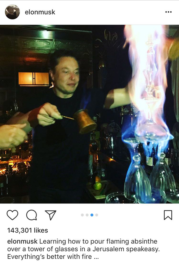Elon Musk at Gatsby. Photo: Instagram