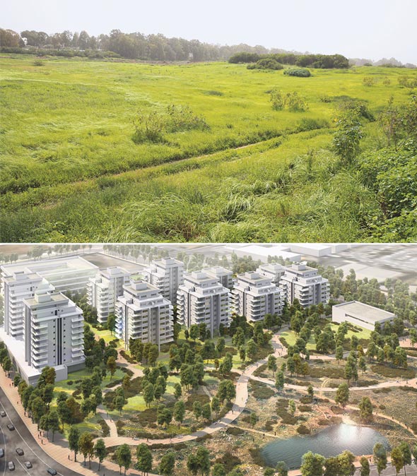 השטח במערב תל השומר, והדמיה של הבנייה המתוכננת. "נדרשו רק 20 שנה" השטח במערב תל השומר, והדמיה של הבנייה המתוכננת. "נדרשו רק 20 שנה"