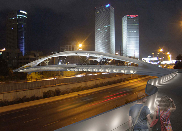 הדמיית גשר יהודית מעל נתיבי איילון בלילה הדמיית גשר יהודית מעל נתיבי איילון בלילה
