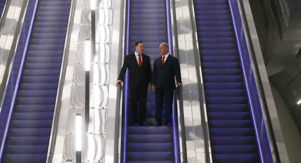 Israeli Minister of Transportation Yisrael Katz (left) and Prime Minister Benjamin Netanyahu at the inauguration ceremony of the new express train, Thursday. Photo: Ohad Zwigenberg Israeli Minister of Transportation Yisrael Katz (left) and Prime Minister Benjamin Netanyahu at the inauguration ceremony of the new express train, Thursday. Photo: Ohad Zwigenberg