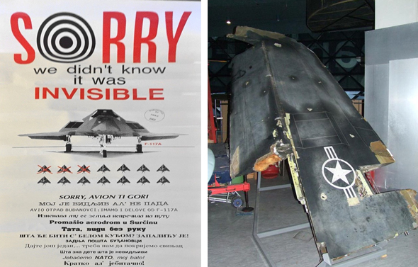 מימין: הריסות ה-F117, והעלון שהפיצו הסרבים מימין: הריסות ה-F117, והעלון שהפיצו הסרבים