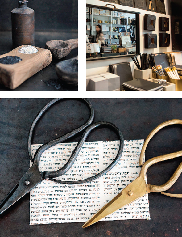 פאפייר (מימין), ומוצרים מהחנות. “הבנתי שלנייר יש ערך נוסטלגי ושאפשר לייצר מהרגש הזה כסף" 