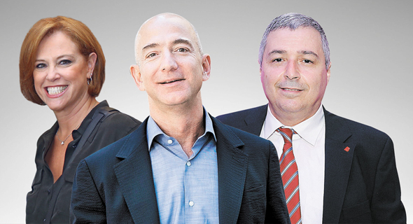 מימין: מנכ"ל הפועלים אריק פינטו, ג'ף בזוס ומנכ"ל לאומי רקפת רוסק עמינח מימין: מנכ"ל הפועלים אריק פינטו, ג'ף בזוס ומנכ"ל לאומי רקפת רוסק עמינח