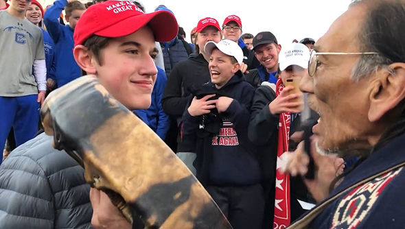 Pro-Trump teen Nick Sandmann and Native American protester Nathan Phillips at the Lincoln Memorial. Photo: YouTube/KC NOLAND Pro-Trump teen Nick Sandmann and Native American protester Nathan Phillips at the Lincoln Memorial. Photo: YouTube/KC NOLAND