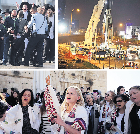 משמאל למעלה עם כיוון השעון: הפגנת חרדים נגד גיוסם, בניית גשר יהודית בשבת בתל אביב, תפילה של נשות הכותל משמאל למעלה עם כיוון השעון: הפגנת חרדים נגד גיוסם, בניית גשר יהודית בשבת בתל אביב, תפילה של נשות הכותל