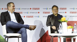 ועידת התעשייה של ישראל ג'ן סון הואנג איל וולדמן בשיחה עם הגר רבט, צילום: עמית שעל