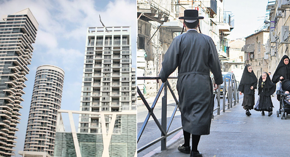 מימין: שכונת מאה שערים ב ירושלים ושכונת מגדלי פארק צמרת בתל אביב מימין: שכונת מאה שערים ב ירושלים ושכונת מגדלי פארק צמרת בתל אביב