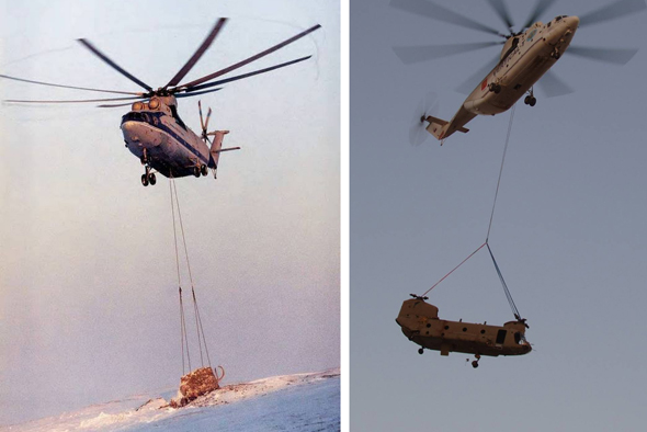 מימין: Mi26 נושא מסוק אמריקאי כבד מדגם צ'יינוק, ומבצע הטסת הממותה הקפואה מימין: Mi26 נושא מסוק אמריקאי כבד מדגם צ'יינוק, ומבצע הטסת הממותה הקפואה
