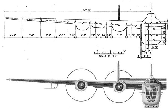 מיקומי המנורות לאורך הכנף ובחרטום ה-B24 מיקומי המנורות לאורך הכנף ובחרטום ה-B24