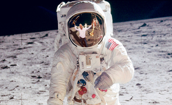 Richard Branson's reflections on an astronaut's helmet. Photo: Getty Images