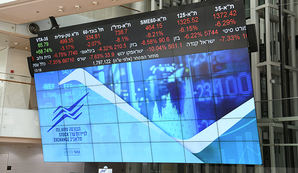 Red screens on the Tel Aviv Stock Exchange in March. Photo: Yair Sagi