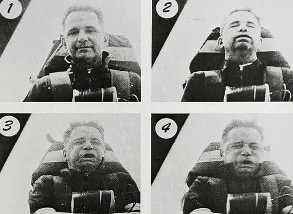 John Stapp was his own experimenter, unwilling to to put anyone else through the torture of the rocket sled. Photo: USAF