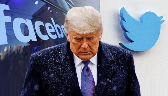 דונלד טראמפ על רקע לוגואים של טוויטר ופייסבוק