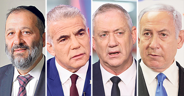 מימין למעלה: בנימין נתניהו בני גנץ יאיר לפיד ו אריה דרעי, צילומים: אלכס קולומויסקי , קובי קואנקס , אבי מועלם, עמית שעל