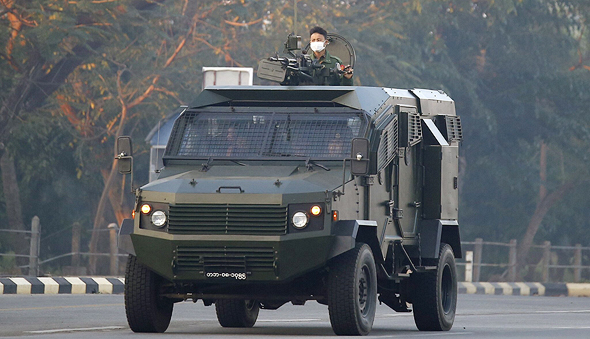 An armoured vehicle manufactured by Israeli company Gaia Automotive Industries in use in Myanmar. Photo: Getty An armoured vehicle manufactured by Israeli company Gaia Automotive Industries in use in Myanmar. Photo: Getty