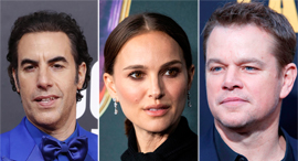 מימין: מאט דיימון, נטלי פורטמן וסשה ברון כהן. בידודים במלונות פאר ושפע הפקות, צילומים: אי פי איי