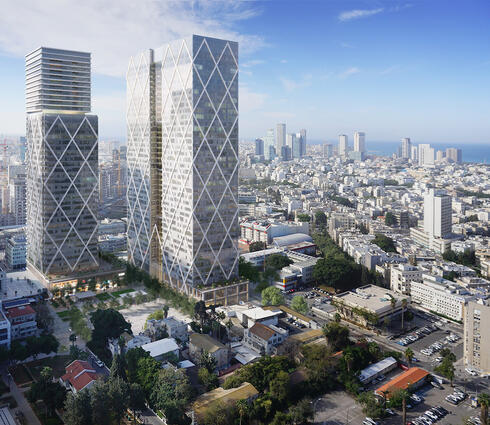הדמיית פרויקט לנדמרק בתל אביב. שני מגדלים של משרדים ומגורים, צילום: אבנר ישר אדריכלים