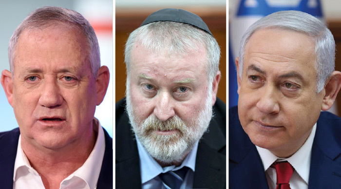 בנימין נתניהו, אביחי מנדלבליט ובני גנץ, צילום: אלכס קולומויסקי, ראובן קסטרו,קובי קואנקס