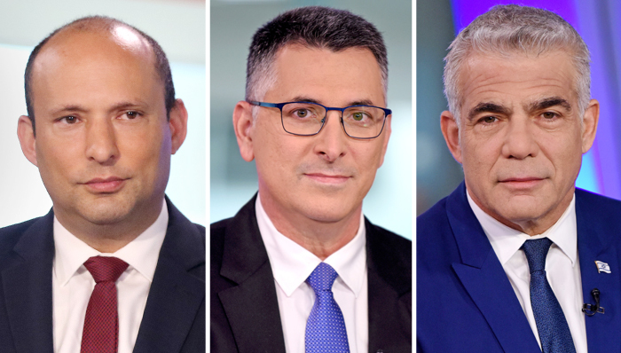 מימין יו"ר יש עתיד יאיר לפיד, יו"ר תקווה חדשה גדעון סער ויו"ר ימינה נפתלי בנט (צילום: קובי קואנקס, אבי מועלם) מימין יו"ר יש עתיד יאיר לפיד יו"ר תקווה חדשה גדעון סער ויו"ר ימינה נפתלי בנט