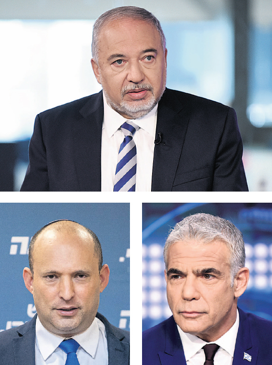 מלמעלה עם כיוון השעון: אביגדור ליברמן, יאיר לפיד ונפתלי בנט (צילומים: קובי קואנקס, יונתן זינדל/פלאש 90) מלמעלה עם כיוון השעון: אביגדור ליברמן יאיר לפיד ו נפתלי בנט