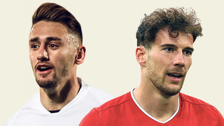 מימין לאון גורצקה שחקן באיירן מינכן ועומר אצילי שחקן מכבי חיפה, צילומים: גטי אימג'ס, עוז מועל