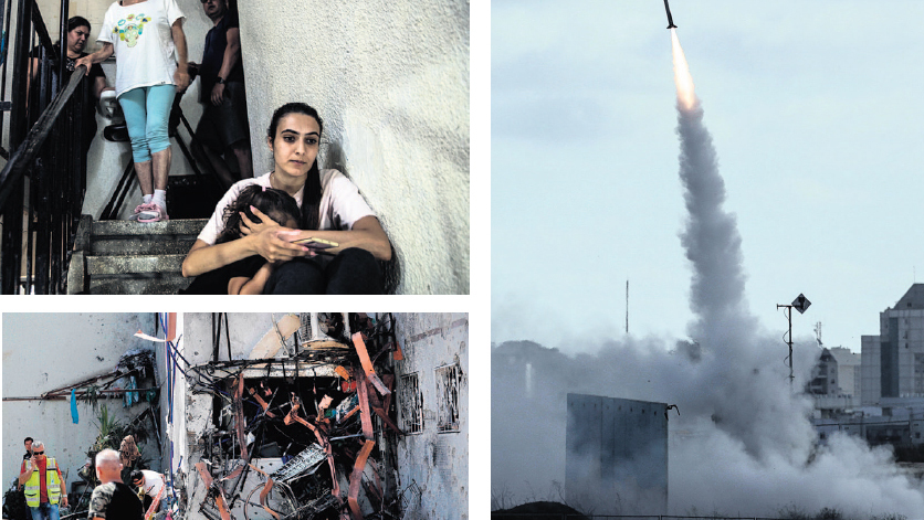 טיל של כיפת ברזל משוגר לעבר רקטה מרצועת עזה, תושבי הדרום מוצאים מחסה בחדר המדרגות ובית שנפגע (צילומים: רויטרס, אי.פי, אי.אף.פי) אינפו טיל של כיפת ברזל משוגר לעבר רקטה מרצועת עזה, תושבי הדרום מוצאים מחסה בחדר המדרגות ובית שנפגע