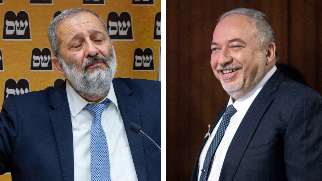 שר האוצר המיועד אביגדור ליברמן, יו"ר ש"ס אריה דרעי. העימות ביניהם הוא בלתי נמנע
(צילום: עמית שאבי, אלכס קולומויסקי) מימין אביגדור ליברמן יור ישראל ביתנו ו אריה דרעי יור שס