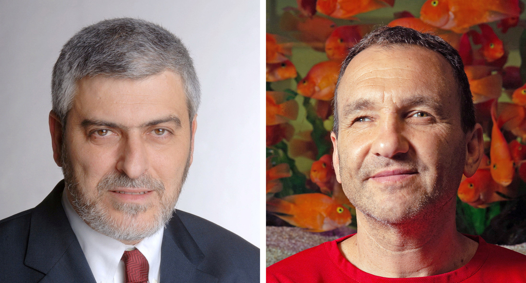 מימין: מבעלי אדלר־חומסקי אייל חומסקי ומנכ”ל בנק הפועלים דב קוטלר. במכתב נטען כי אין תחום בעסקי הבנק שאדלר־חומסקי לא הכירו (צילומים: עוז מועלם, גדי דגון) מימין מבעלי אדלר־חומסקי אייל חומסקי ומנכ”ל בנק הפועלים דב קוטלר