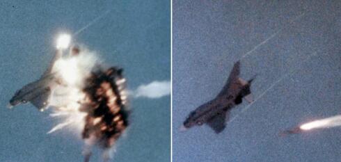 פניקס פוגע במטוס פאנטום שנשלט מרחוק בניסוי. שימו לב לגודל הפיצוץ מול גודל המטוס, צילום: USN