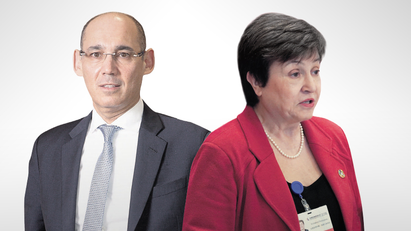 יו"רית קרן המטבע קריסטלינה גיאורגייבה ונגיד בנק ישראל פרופ' אמיר ירון. הקרן צופה צמיחה של 7.1% בישראל
(צילומים: אלכס קולומויסקי, רויטרס) יו"רית קרן המטבע קריסטלינה גיאורגייבה ונגד בנק ישראל פרופ' אמיר ירון
