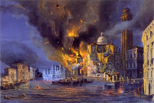 כנסיית סן גרמיה בוונציה בוערת לאחר שהופצצה בבלונים, ציור של לואיג