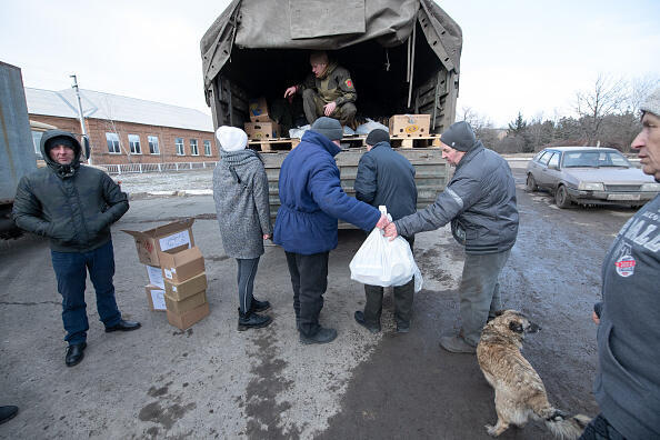 Distribution of aid in the city of Donetsk, Ukraine