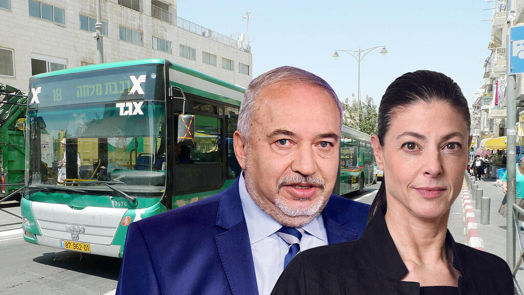 שרת התחבורה מרב מיכאלי ושר האוצר אביגדור ליברמן על רקע אוטובוס של אגד (צילומים: אביגיל עוזי, קובי קואנקס, שלומי כהן) שרתהתחבורה מרב מיכאלי ושר האוצר אביגדור ליברמן על רקע אוטובס של אגד