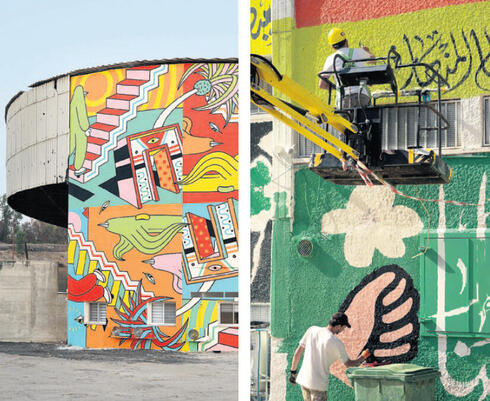 ציורי קיר על מבני ציבור בפרויקט "למעלה" בג’לג’וליה (מימין) ובעמק המעיינות. יכולים לשנות את פני העיר
,  