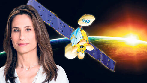 Minister of Science, Technology, and Innovation Orit Farkash Hacohen and the IAI Amos-8 satellite. 